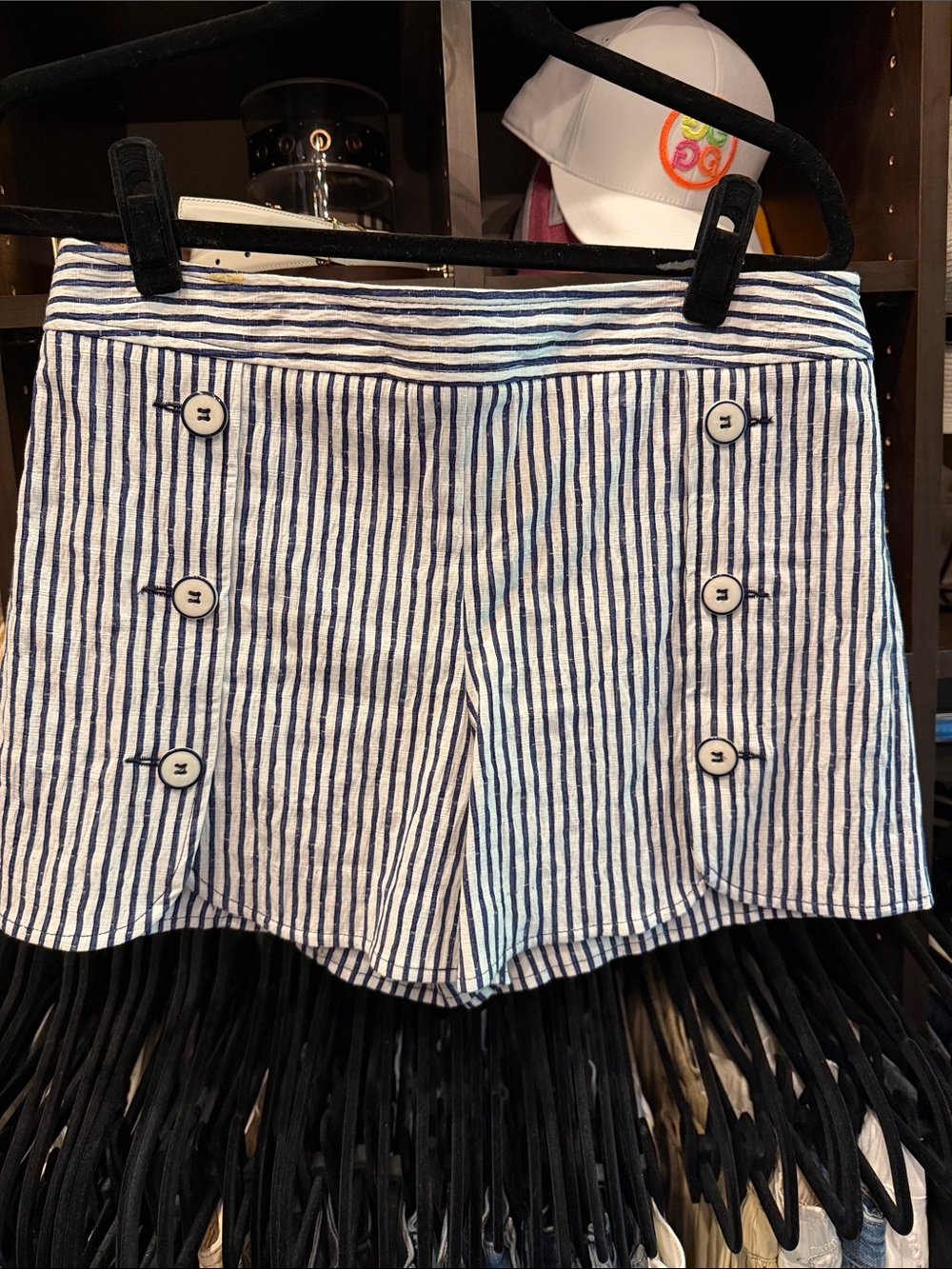 Trina Turk Navy and White Striped High-Waist Button-Front Shorts